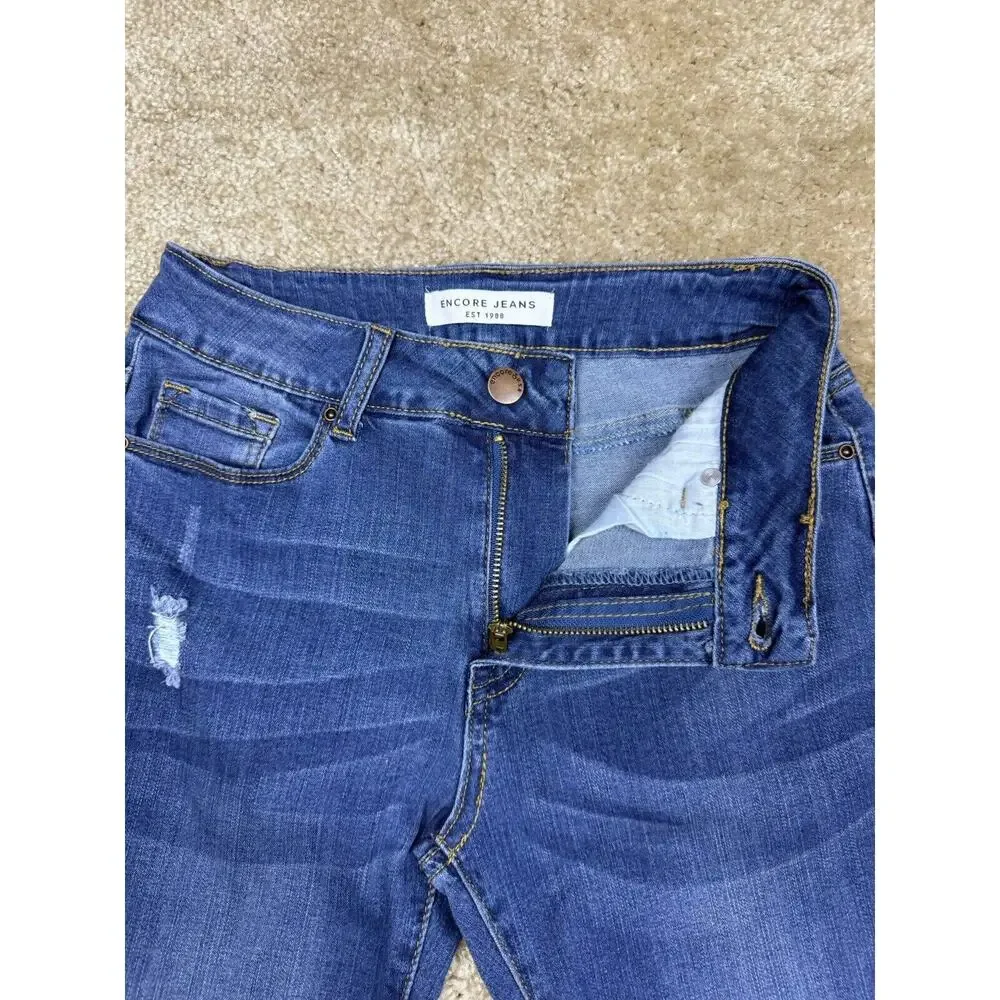 Encore Jeans Skinny Distressed Dark Wash Size 3 Stretch Raw Hem A530 - Picture 3 of 11